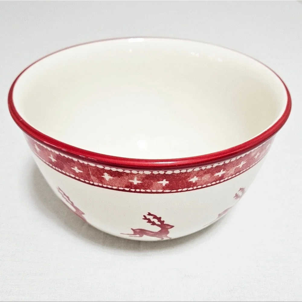 Vtg Dansk Nordic Knit Red Large Serving Bowl Holiday Reindeer Christmas Cream 9
